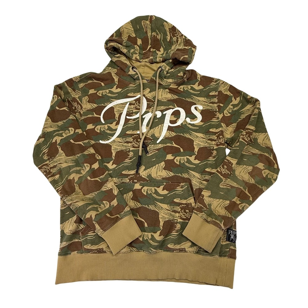 Prps Goods & Co Mens Tiger Stripe Camo Pullover Hoodie Brown Green Script Logo